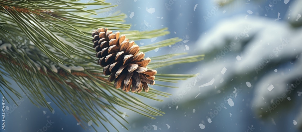 Poster spruce branch with a pine cone surrounded by falling snow in a serene winter landscape