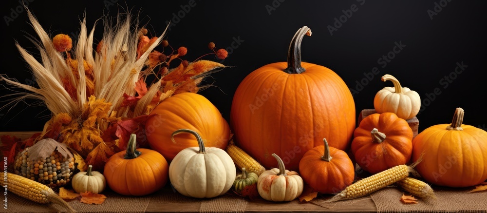 Poster autumn harvest display of orange pumpkins and decorative gourds with corn and fall foliage on a rust