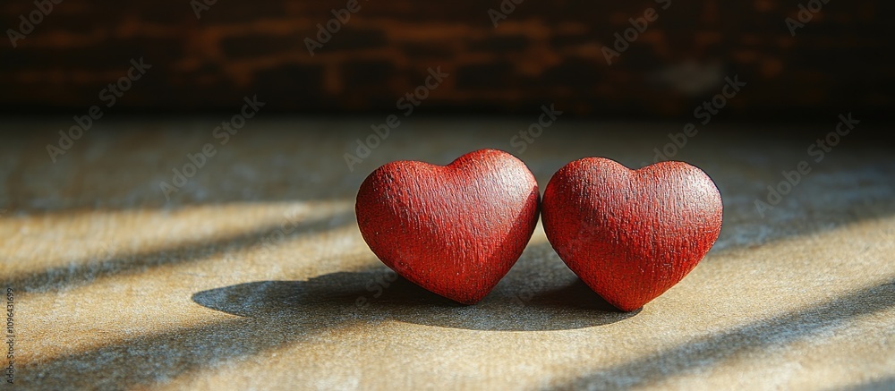Poster two red hearts on textured dark yellow cardboard with shadow effects for valentine's day creating a 