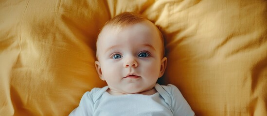 Infant on soft bedding with curious expression promoting healthy sleep habits and well-being for children in nurturing environments.
