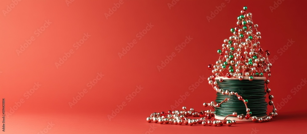 Poster bead garlands on spool styled as a christmas tree against a vibrant red background with ample copy s