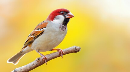 Fototapeta premium a small bird with white, brown, red and black feathers perched atop a brown and cream colored tree branch against a yellow and white background
