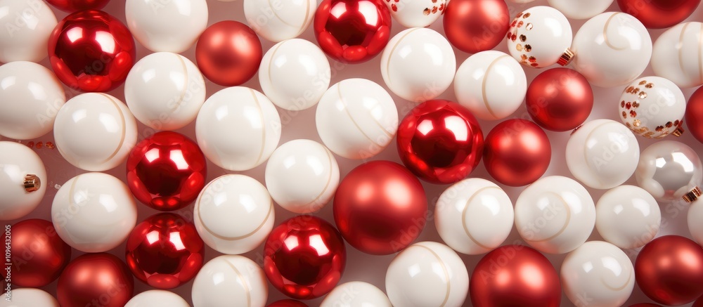 Poster red and white decorative balls arranged in a patterned flat lay for a festive winter and new year ce