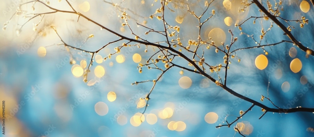 Poster winter bokeh lights on tree branches with blue sky and snow creating a warm abstract natural scenery