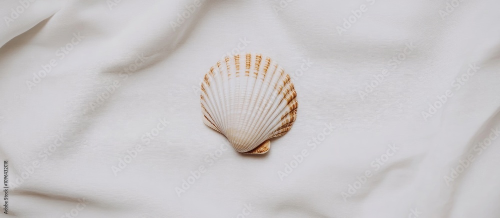 Poster Seashell adorned with natural patterns resting on a soft white fabric backdrop for elegant coastal decor or nature-themed design projects