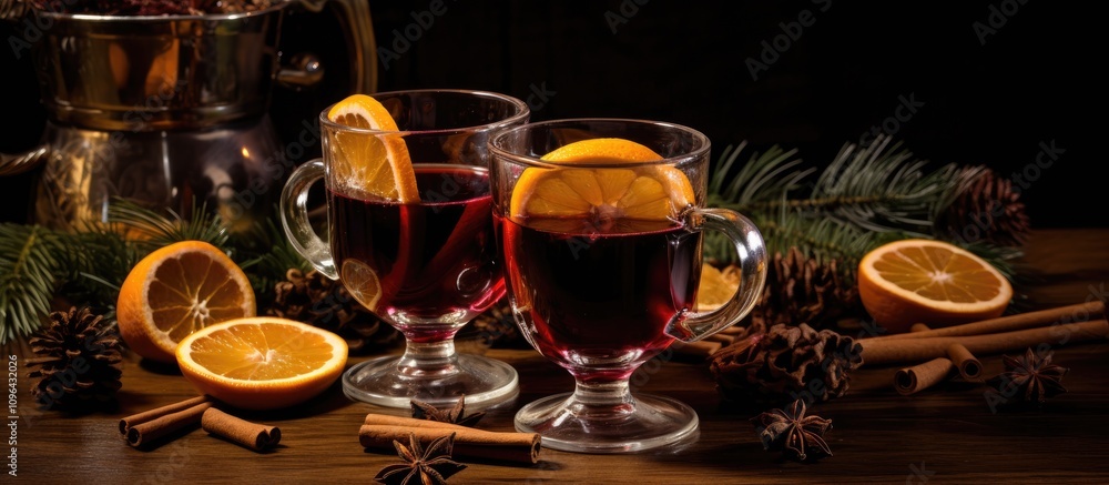 Poster mulled wine ingredients arranged with glasses garnished with orange slices and spices on a rustic wo