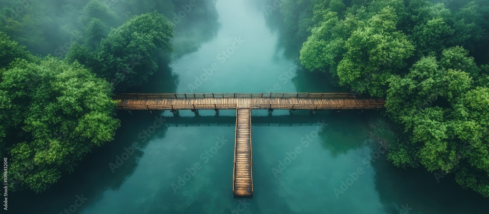 Poster aerial view of a serene river and wooden bridge surrounded by lush greenery and misty landscape in a