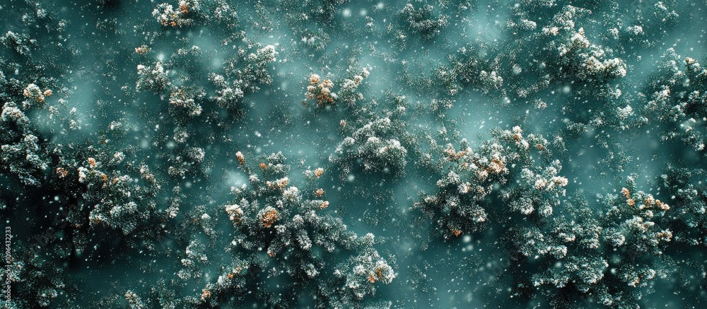 Poster close up abstract texture of snow-covered evergreen branches with a soft blurred background and fall