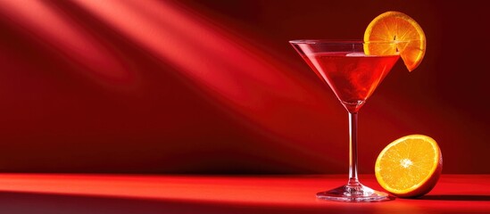 Red cocktail with orange slice on vibrant red background highlighting the refreshing essence of soft drinks and vibrant nightlife ambiance