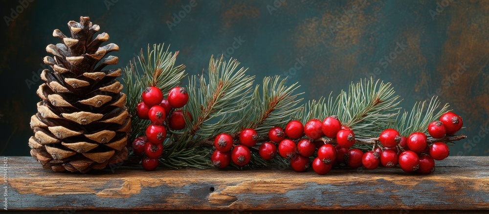 Poster rustic christmas backdrop with cypress branch, fir cone, and red berries on weathered wooden table i