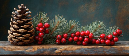 Rustic Christmas backdrop with cypress branch, fir cone, and red berries on weathered wooden table inviting festive holiday decor and styling