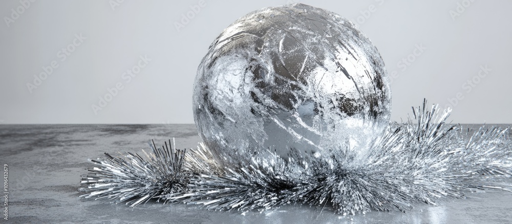 Poster silver decorative ice ball with tinsel accents on a frosty surface creating a festive winter ambianc