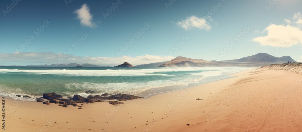 Poster breathtaking panoramic view of a serene beach with golden sands and gentle waves under a clear blue 