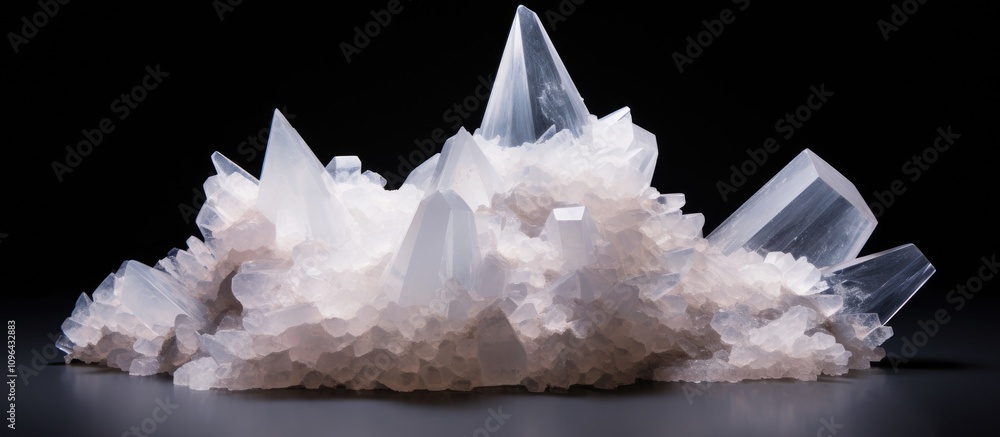 Poster beautiful crystalline structures of salt with sharp peaks and a reflective surface on a dark backgro