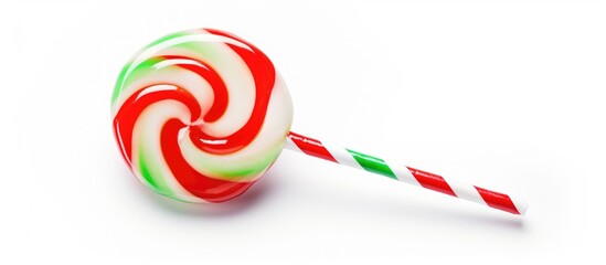 Colorful festive lollipop with red and green swirls on a white background perfect for Christmas themed designs and advertisements