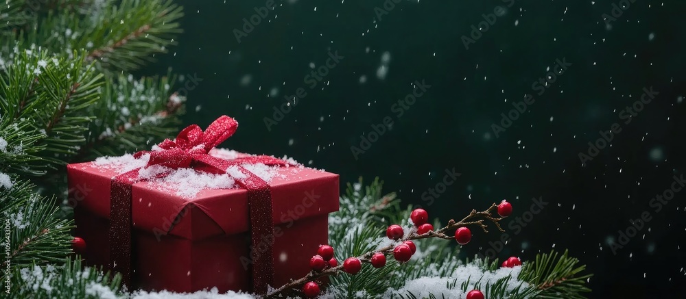 Poster Festive New Year backdrop with red gift wrapped in snow surrounded by pine branches and red berries on a dark background with copy space