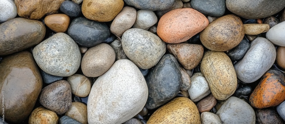 Poster diverse assortment of smooth beach stones in various colors and textures arranged along the shorelin