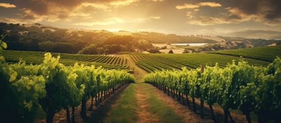 Naklejka premium Lush vineyard landscape at sunset with rows of grapevines stretching towards hills and golden skies in a serene countryside setting
