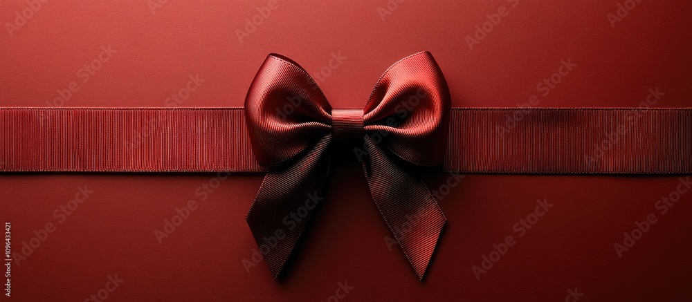 Poster red paper background with elegant ribbon bow showcasing minimalist aesthetic and contrasting texture