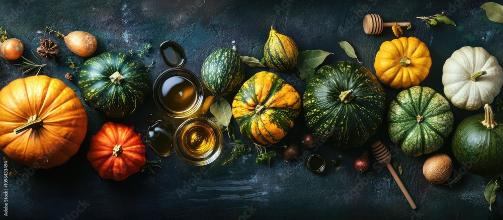 Poster colorful assortment of pumpkins and squashes with herbs spices olive oil and honey on a kitchen tabl