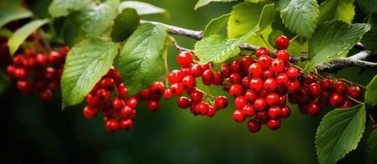 Beautiful red berries on a branch with vibrant green leaves showcasing spring and autumn foliage in a natural setting.