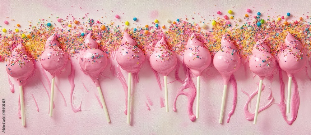 Aufkleber hand-dipped pink cake pops arranged on parchment with vibrant sprinkles creating a festive and playf