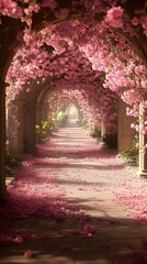 Fototapeta premium A serene pink flower-filled pathway in a tranquil garden.