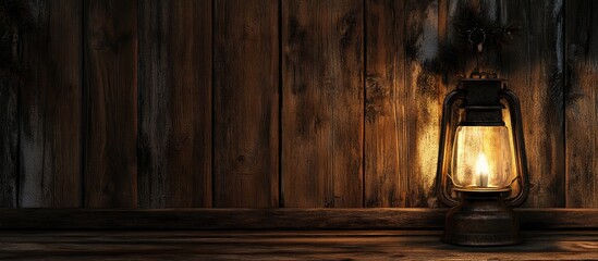 Vintage Christmas lantern illuminating a rustic wooden backdrop in the evening ambiance creating a warm nostalgic atmosphere