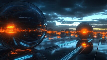 Reflective Spheres with Orange Lights and Blue Glowing Lines on a Dark Surface