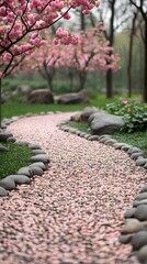 Serene pathway adorned with cherry blossoms in full bloom.