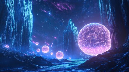 A surreal alien landscape with glowing orbs in the night sky