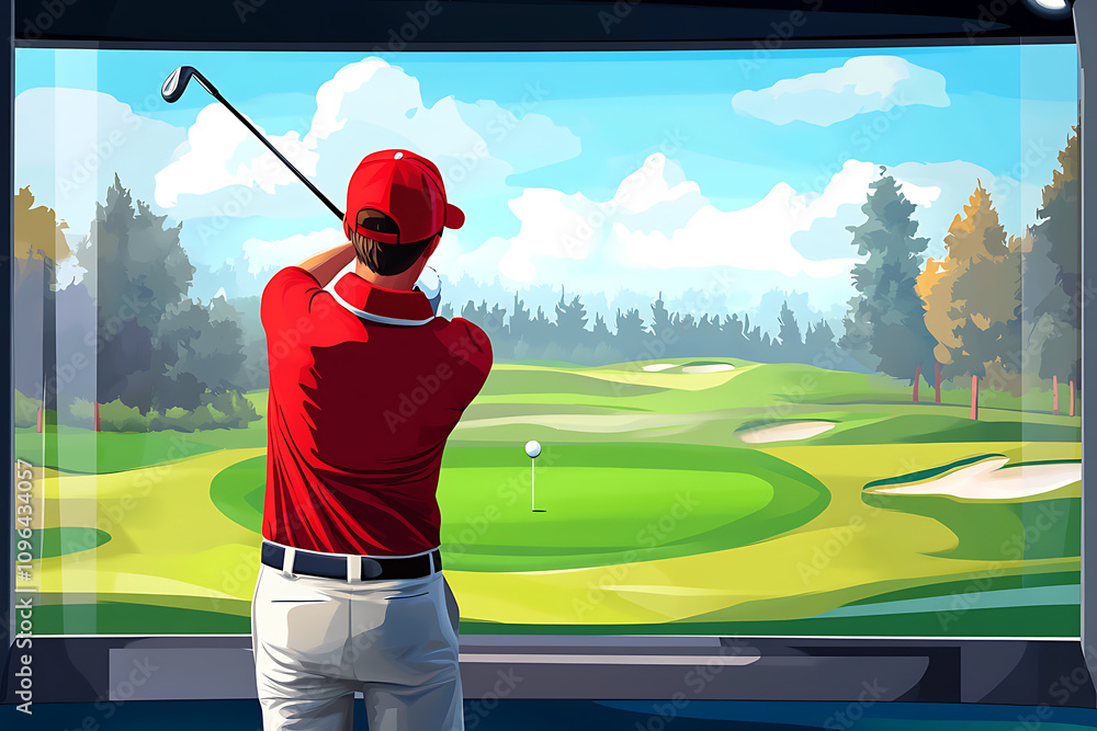 Poster a golfer swings in front of a virtual golf simulator displaying a scenic course.
