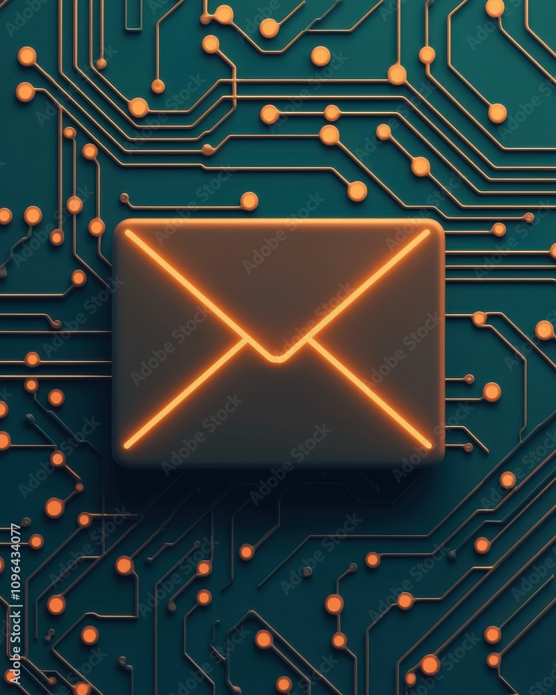 Poster an envelope icon illuminated against a circuit board background, symbolizing digital communication a