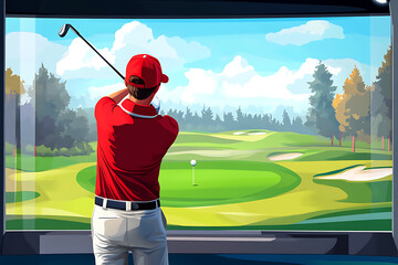 A golfer swings in front of a virtual golf simulator displaying a scenic course.