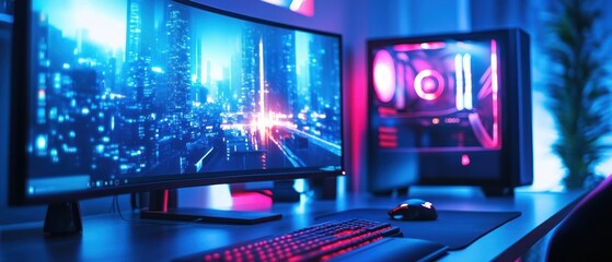 A modern gaming setup featuring a curved monitor, keyboard, mouse, and illuminated PC case.