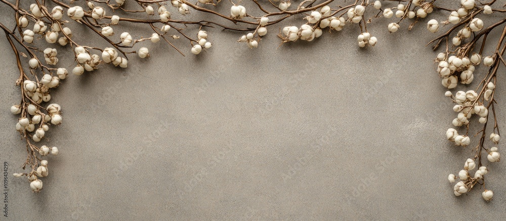 Poster floral border frame with delicate flower buds and branches on a textured gray background for elegant