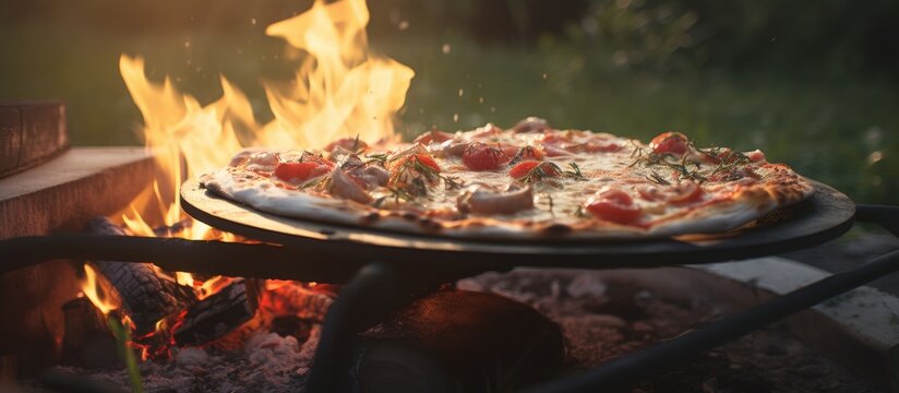 Delicious wood-fired pizza cooking outdoors with vibrant toppings against a warm glowing fire background. Perfect for food enthusiasts.