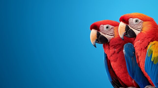  two colorful parrots sitting on top of each other against a blue background The parrots are vibrant and varied in color, with one being a bright red and the other