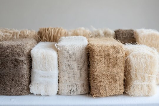Assorted natural fiber bundles in various shades of beige and brown.