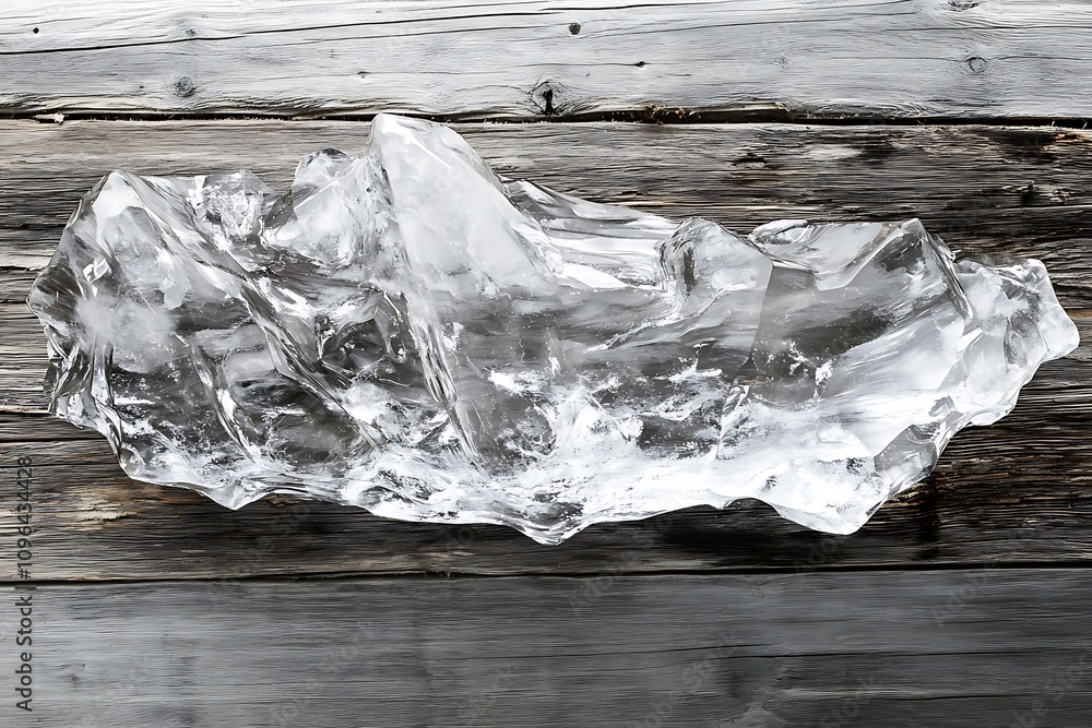 Poster Clear ice chunk on rustic wooden surface.