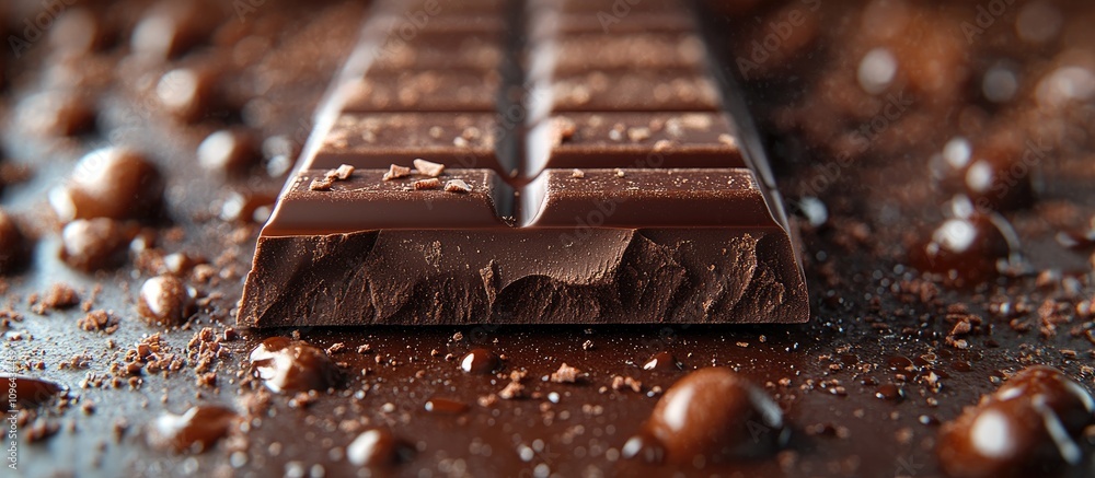 Poster close-up view of a dark chocolate bar surrounded by cocoa beans and chocolate shavings on a textured