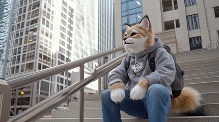 A young man in a cat mask and hoodie squats on stairs beside a horned animal head, enjoying a daylight moment in a minimalist setting