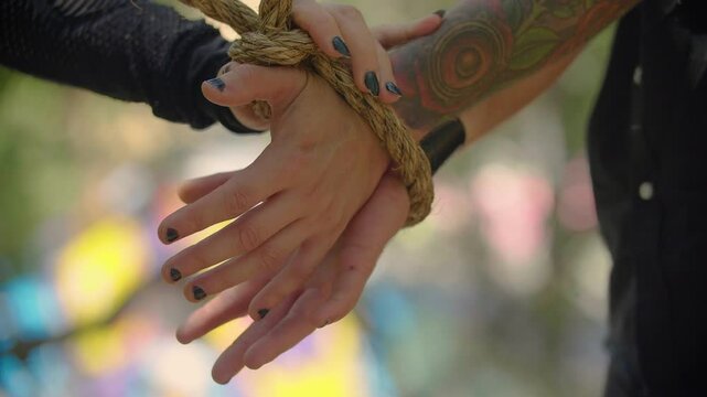 Close up shot of female hands tightening a thick rope noose on a man's wrist. A metaphor of voluntary submission, unfreedom and sacrifice.