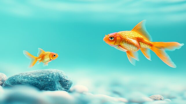  two goldfish swimming in an aquarium with rocks at the bottom The goldfish are brightly colored and appear to be swimming gracefully through the water The backgro