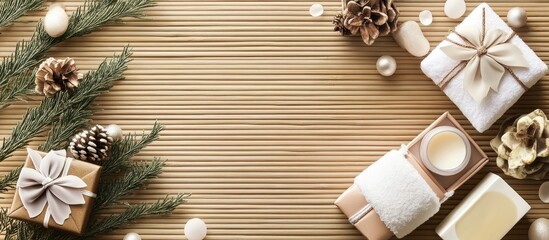 Tranquil spa still life arrangement with toiletries gift boxes and natural elements on bamboo mat for wellness and body care promotion