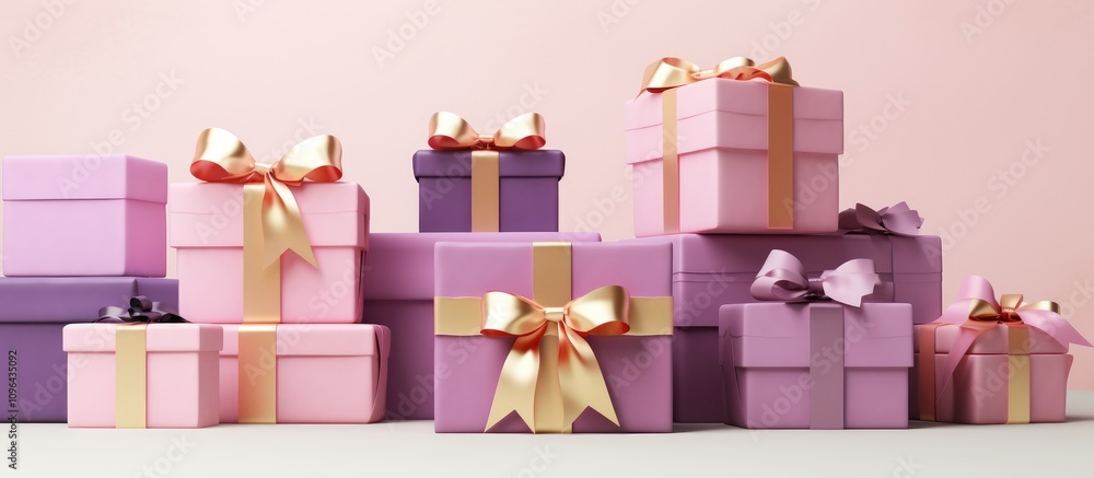 Poster Colorful gift boxes arranged in a charming display with elegant bows on a soft pastel background ideal for festive and branding concepts.