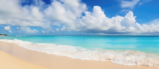 Fototapeta premium Scenic tropical beach with white sand and turquoise waters under a bright blue sky adorned with fluffy clouds on a sunny day