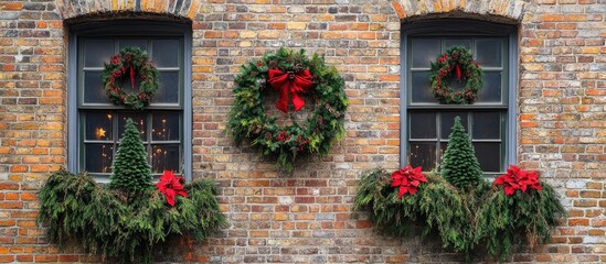 Holiday adorned windows on a brick facade showcasing wreaths trees and garland for a festive seasonal decor atmosphere