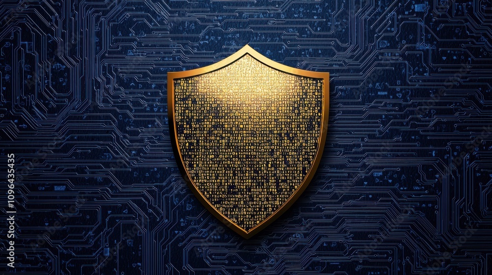Poster anti tracking protection concepts. a golden shield with a digital pattern set against a dark, circui