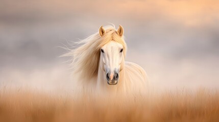 Obraz premium a white horse standing in a field of tall grass, with a blurred background